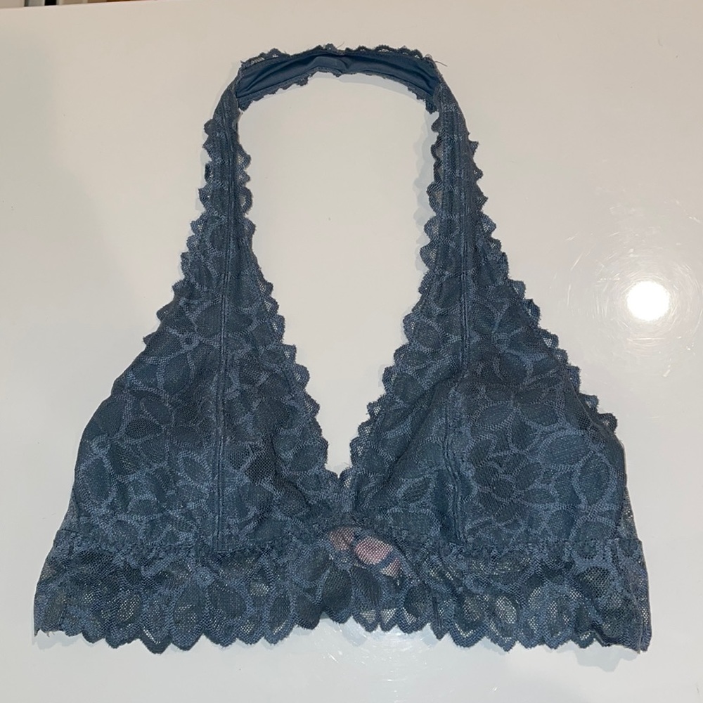 PINK Gray Floral Lace Bralette with Halter Top and 3 Hook Closures for Size Adj